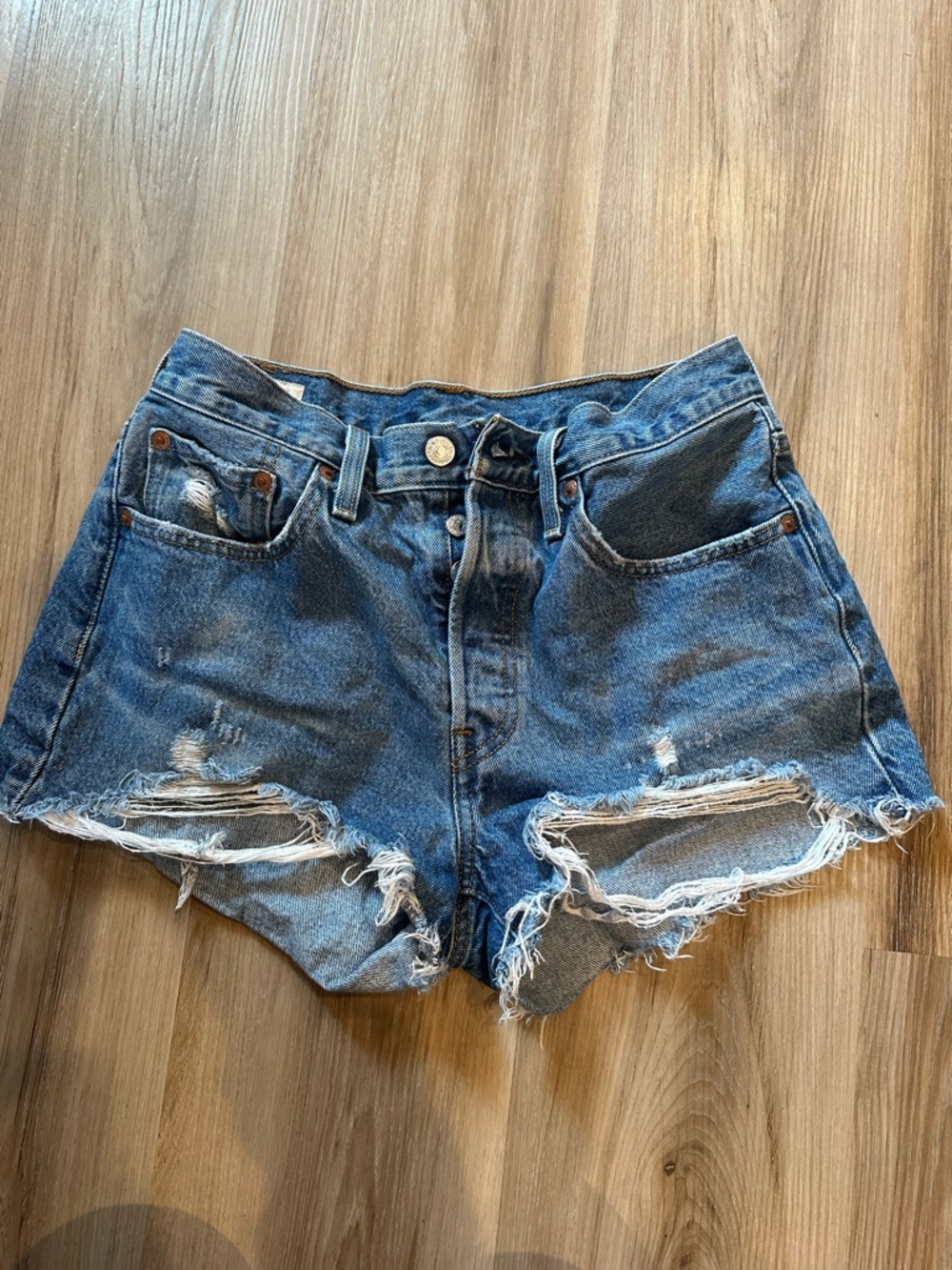 Levi's Distressed Mid-Blue Denim Cutoff Shorts